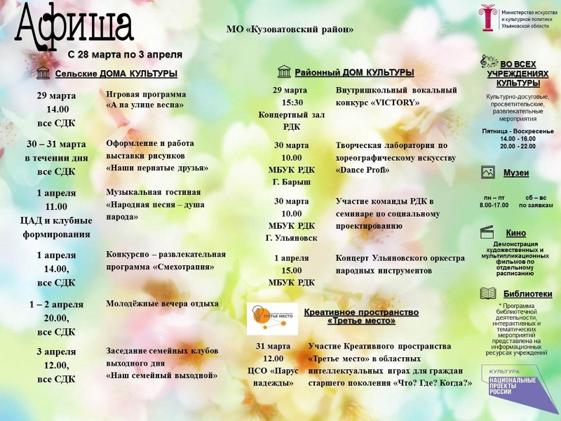 Афиша культурных событий в Кузоватовском районе с 28 марта по 3 апреля